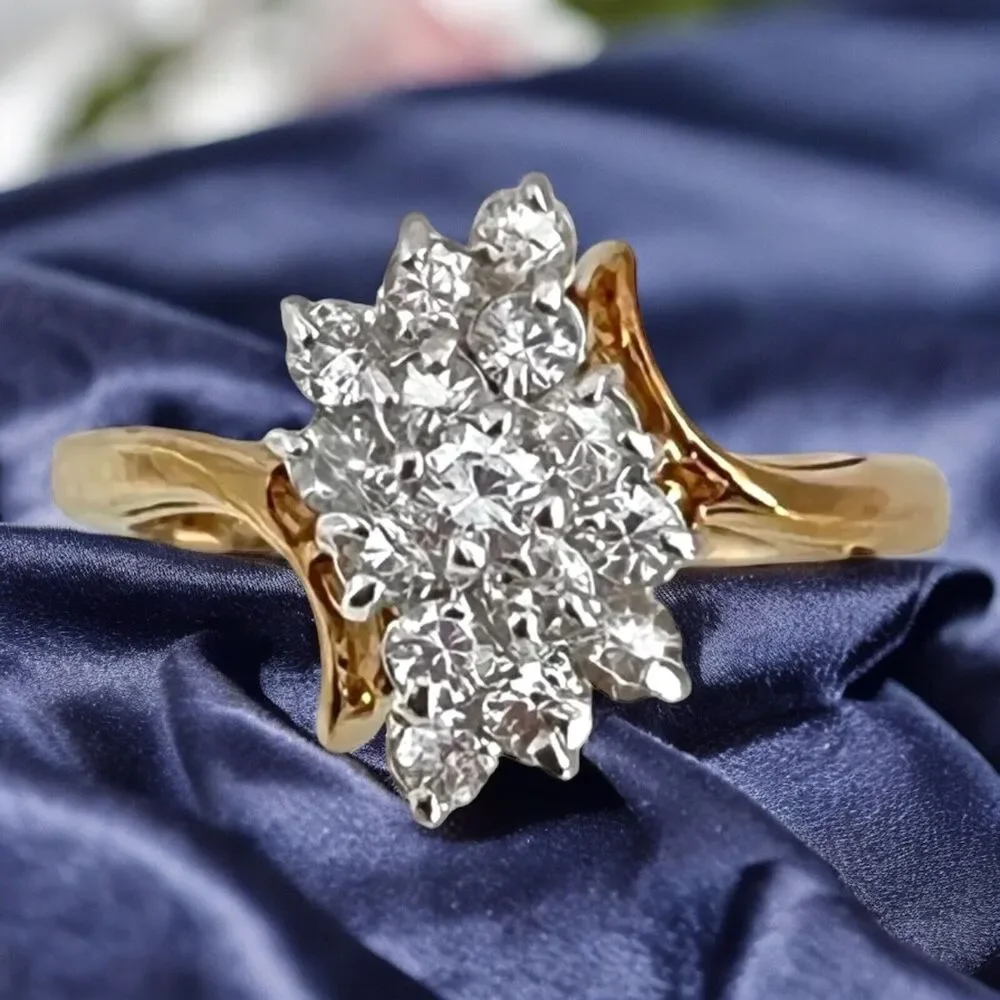 Vintage 1970s Ring Size 7 CZ Cluster Prong Set Gold Plated - 14Q